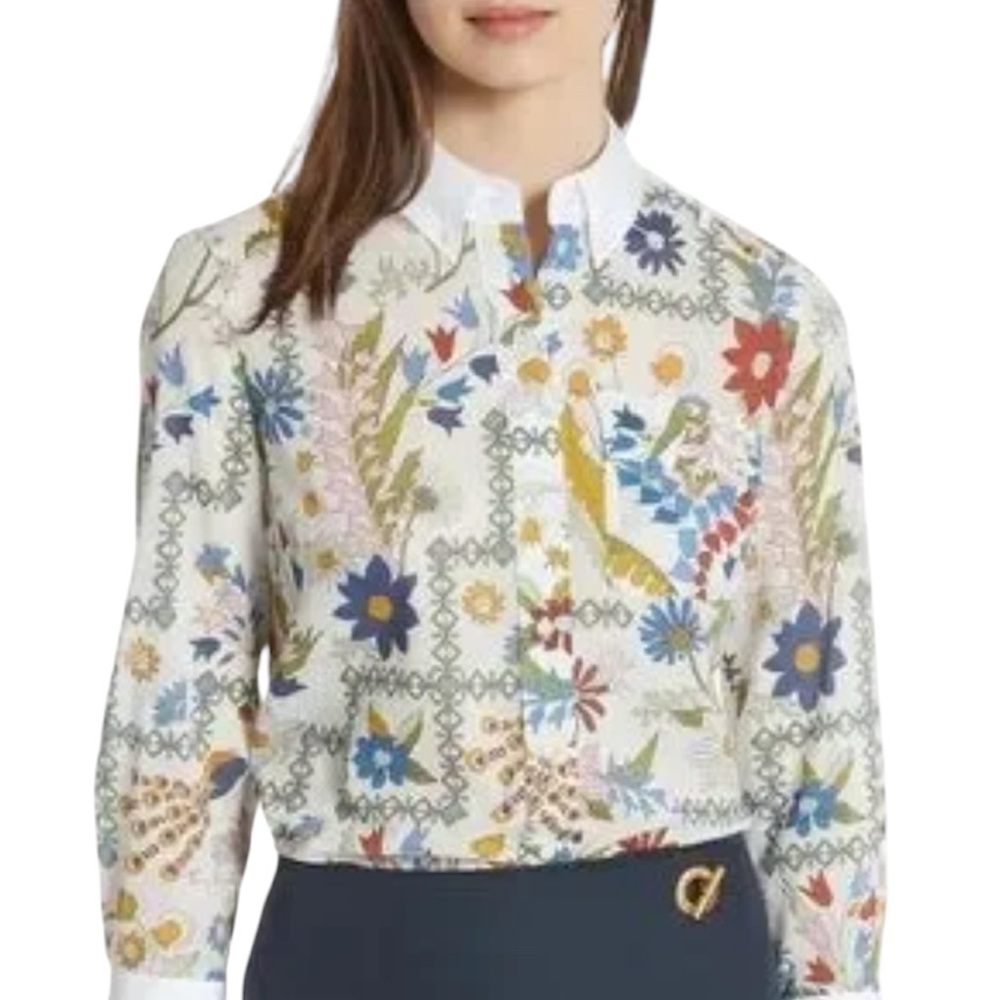 Tory Burch 100% Silk Novelty Print Top Blouse Size 0